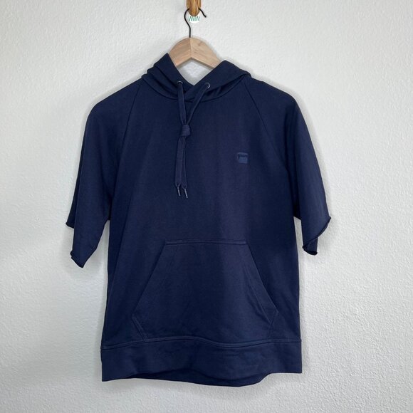 G-Star Raw Mens Tendric Stor Hooded 1/2-Sleeve Navy Blue Sweatshirt Small - Picture 9 of 11